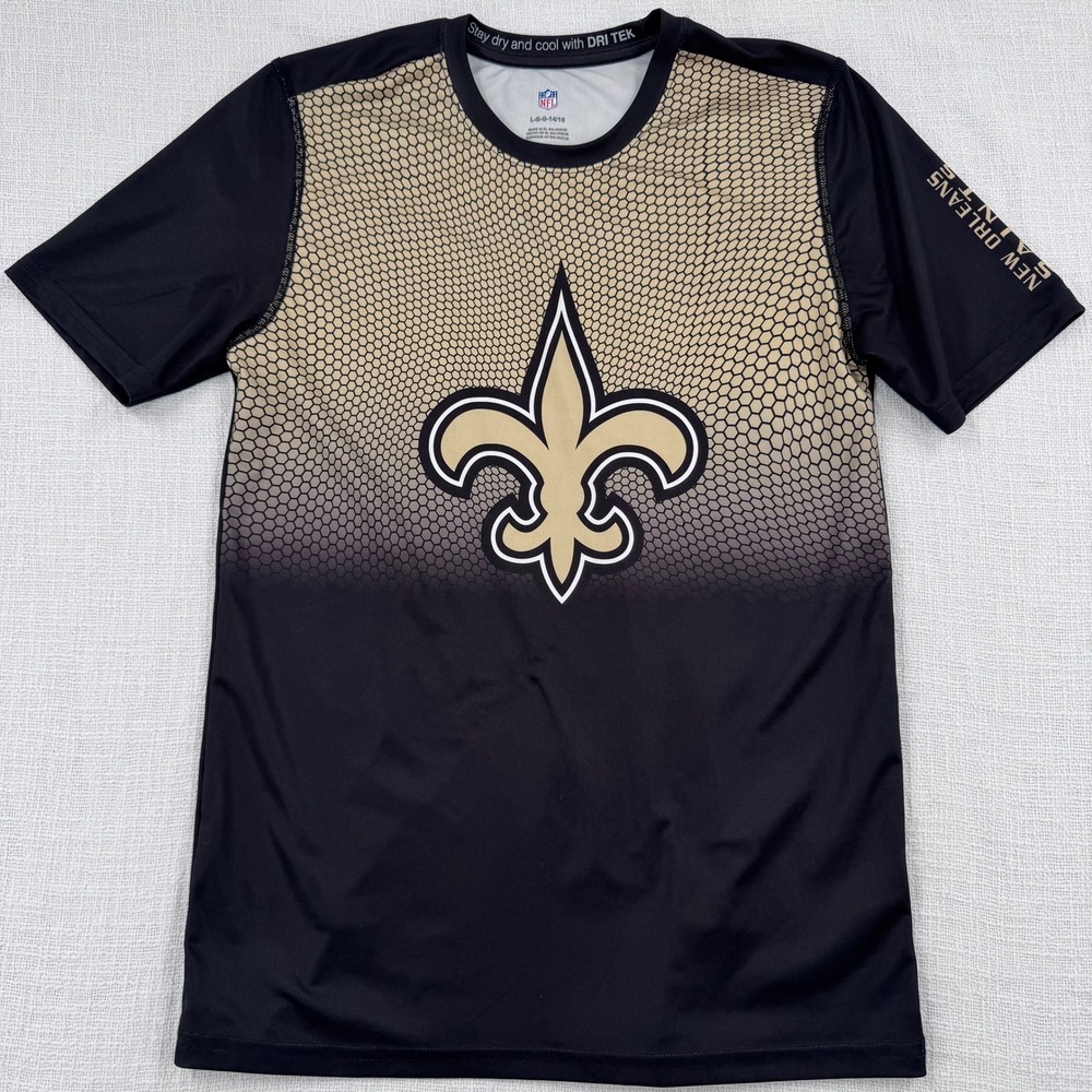 NFL New Orleans Saints Youth Large Dri Tek Performance Shirt Black Gold Hex Logo